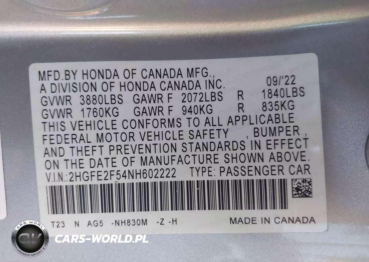 2022 Honda Civic Sport VIN:2HGFE2F54NH602222 - 9