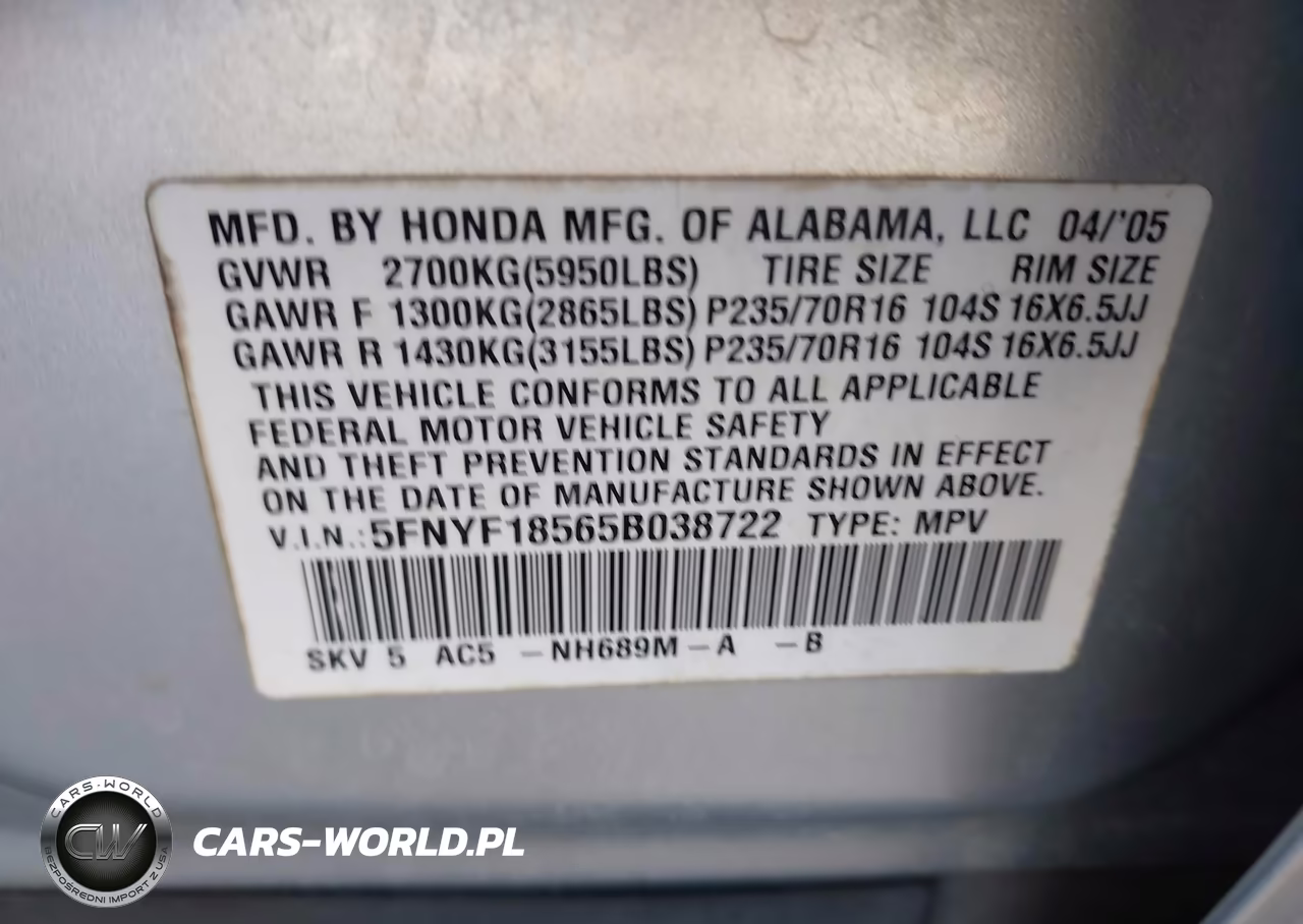 2005 Honda Pilot Ex-L VIN:5FNYF18565B038722 - 9