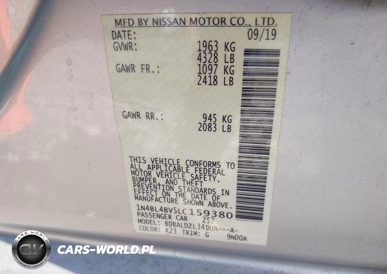 2020 Nissan Altima S Fwd VIN:1N4BL4BV5LC159380 - 9