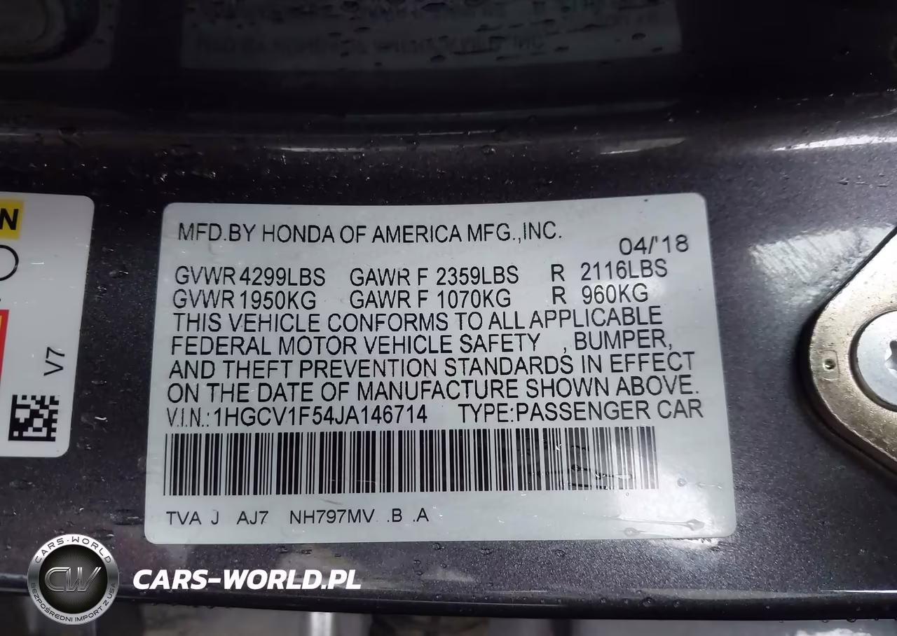 2018 Honda Accord Ex-L VIN:1HGCV1F54JA146714 - 9