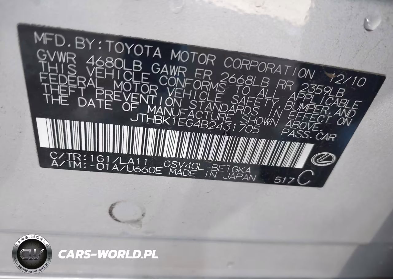 2011 Lexus Es 350 VIN:JTHBK1EG4B2431705 - 9