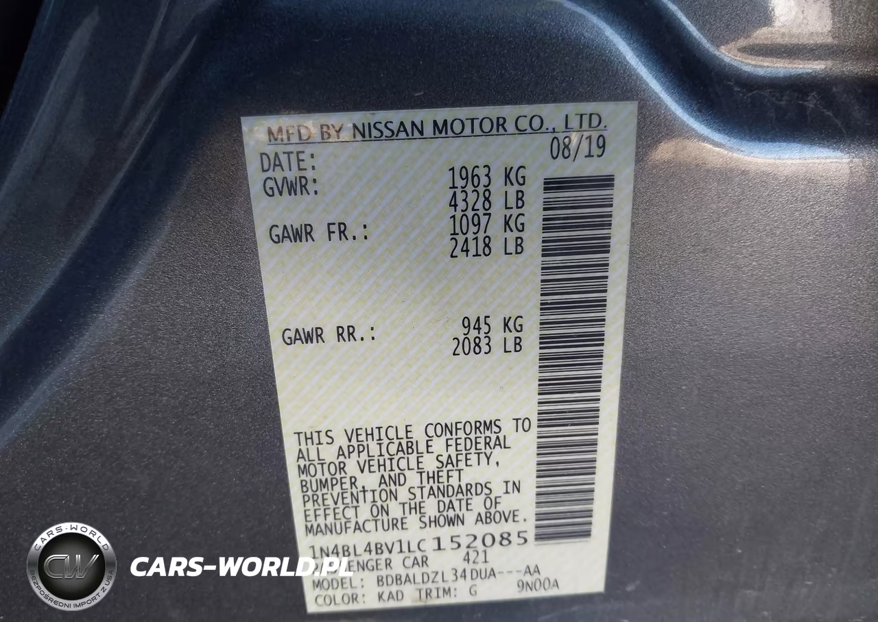 2020 Nissan Altima S Fwd VIN:1N4BL4BV1LC152085 - 9