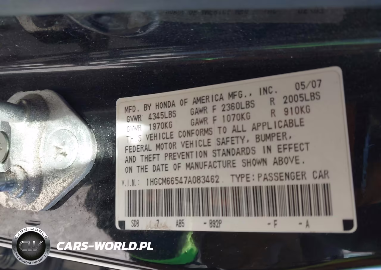 2007 Honda Accord 3.0 Ex VIN:1HGCM66547A083462 - 9