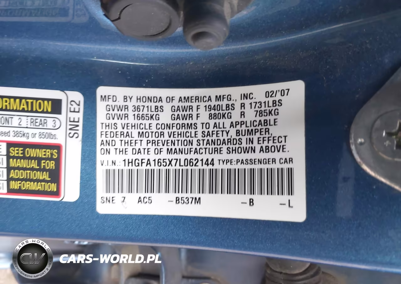 2007 Honda Civic Lx VIN:1HGFA165X7L062144 - 9