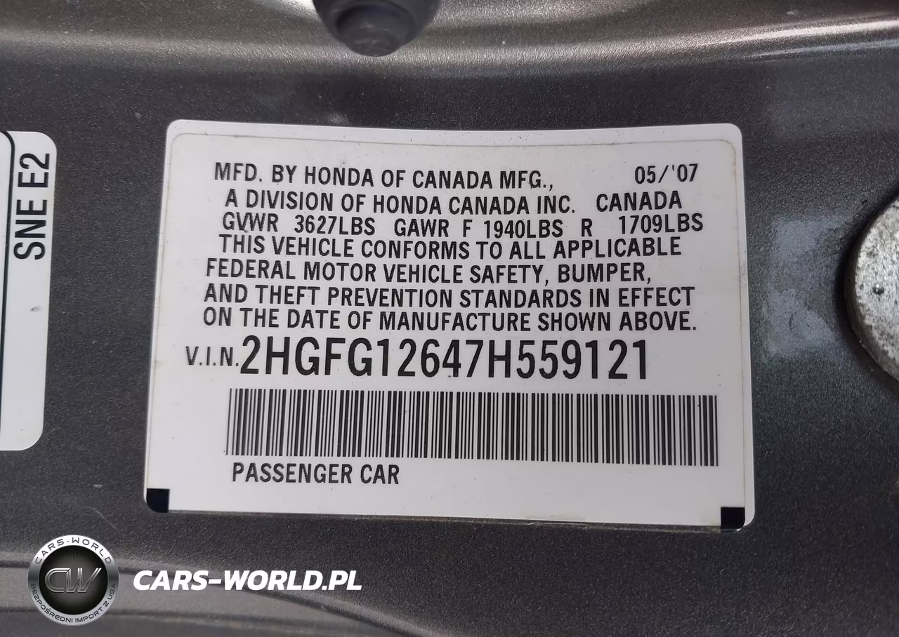 2007 Honda Civic Lx VIN:2HGFG12647H559121 - 9