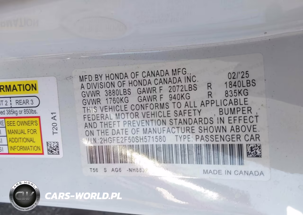 2025 Honda Civic Sport VIN:2HGFE2F50SH571580 - 9
