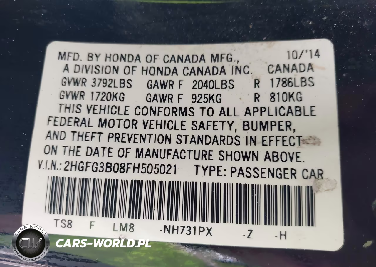2015 Honda Civic Ex-L VIN:2HGFG3B08FH505021 - 9