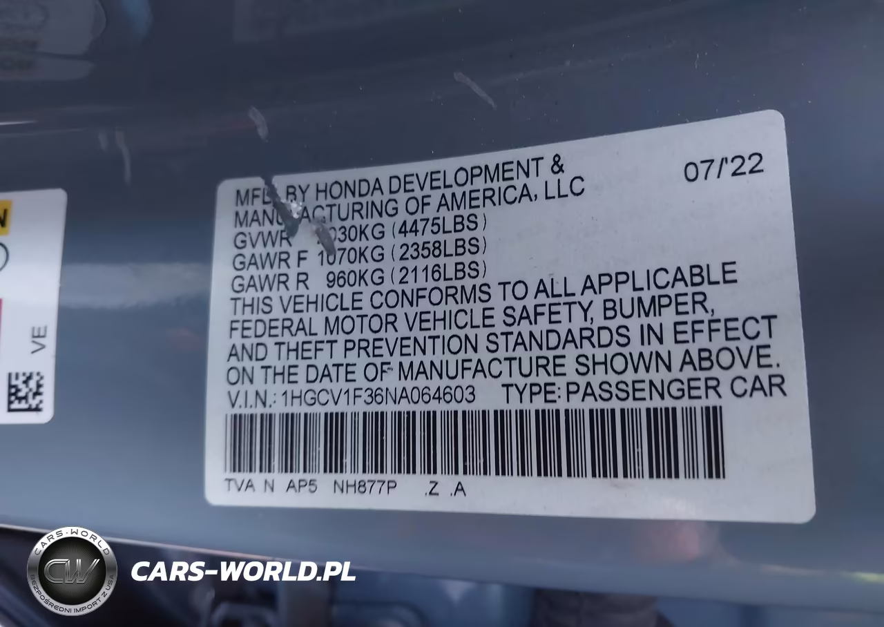 2022 Honda Accord Sport VIN:1HGCV1F36NA064603 - 9
