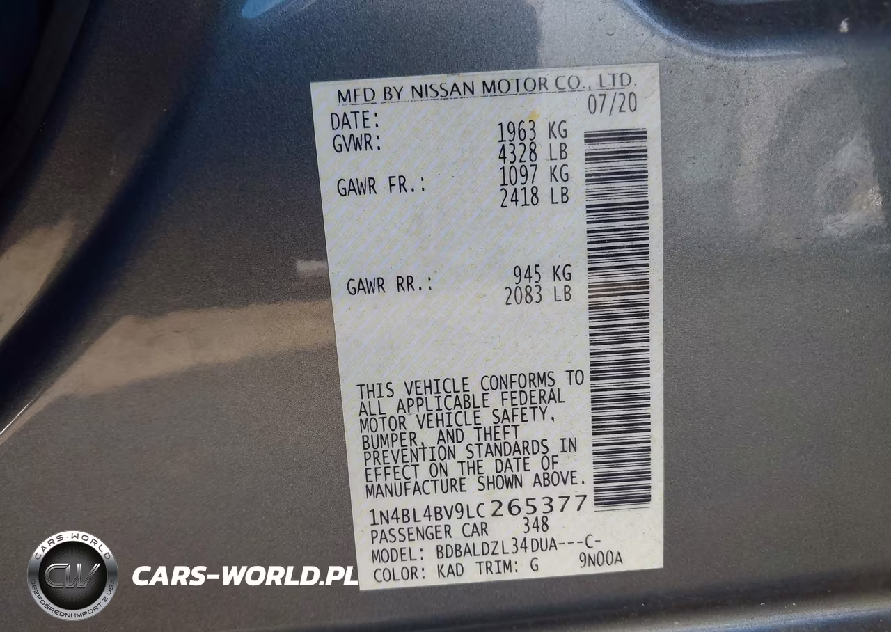 2020 Nissan Altima S Fwd VIN:1N4BL4BV9LC265377 - 9
