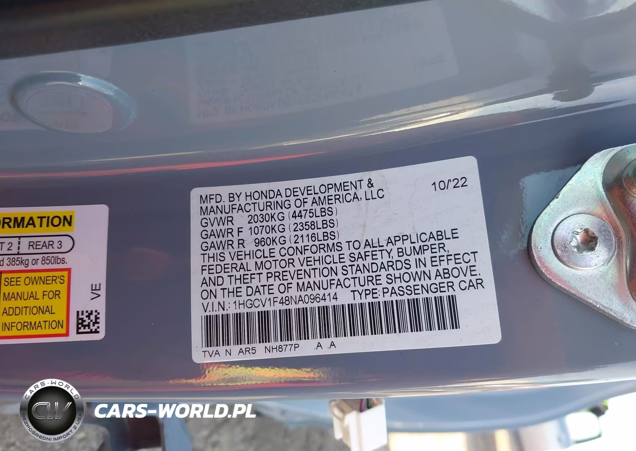 2022 Honda Accord Sport Se VIN:1HGCV1F48NA096414 - 9