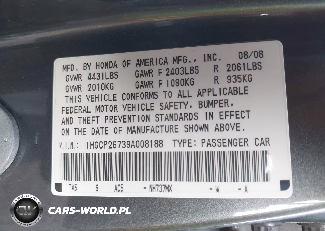 2009 Honda Accord 2.4 Ex VIN:1HGCP26739A008188 - 9