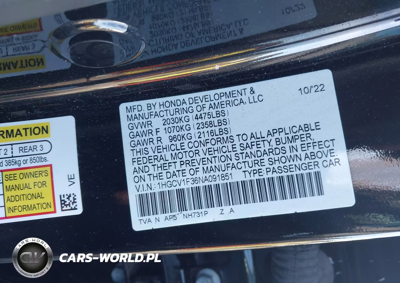 2022 Honda Accord Sport VIN:1HGCV1F36NA091851 - 9