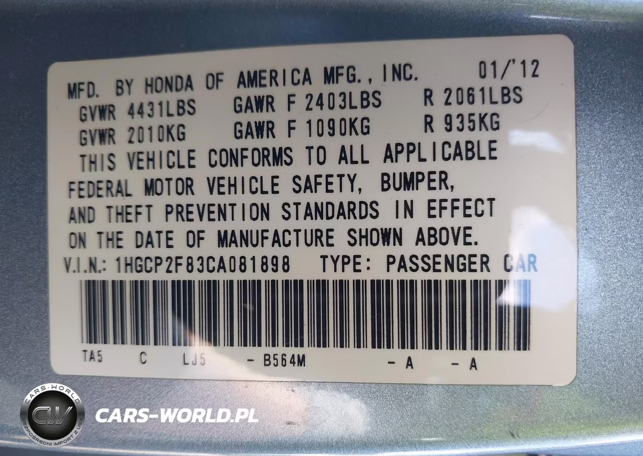 2012 Honda Accord 2.4 Ex-L VIN:1HGCP2F83CA081898 - 9