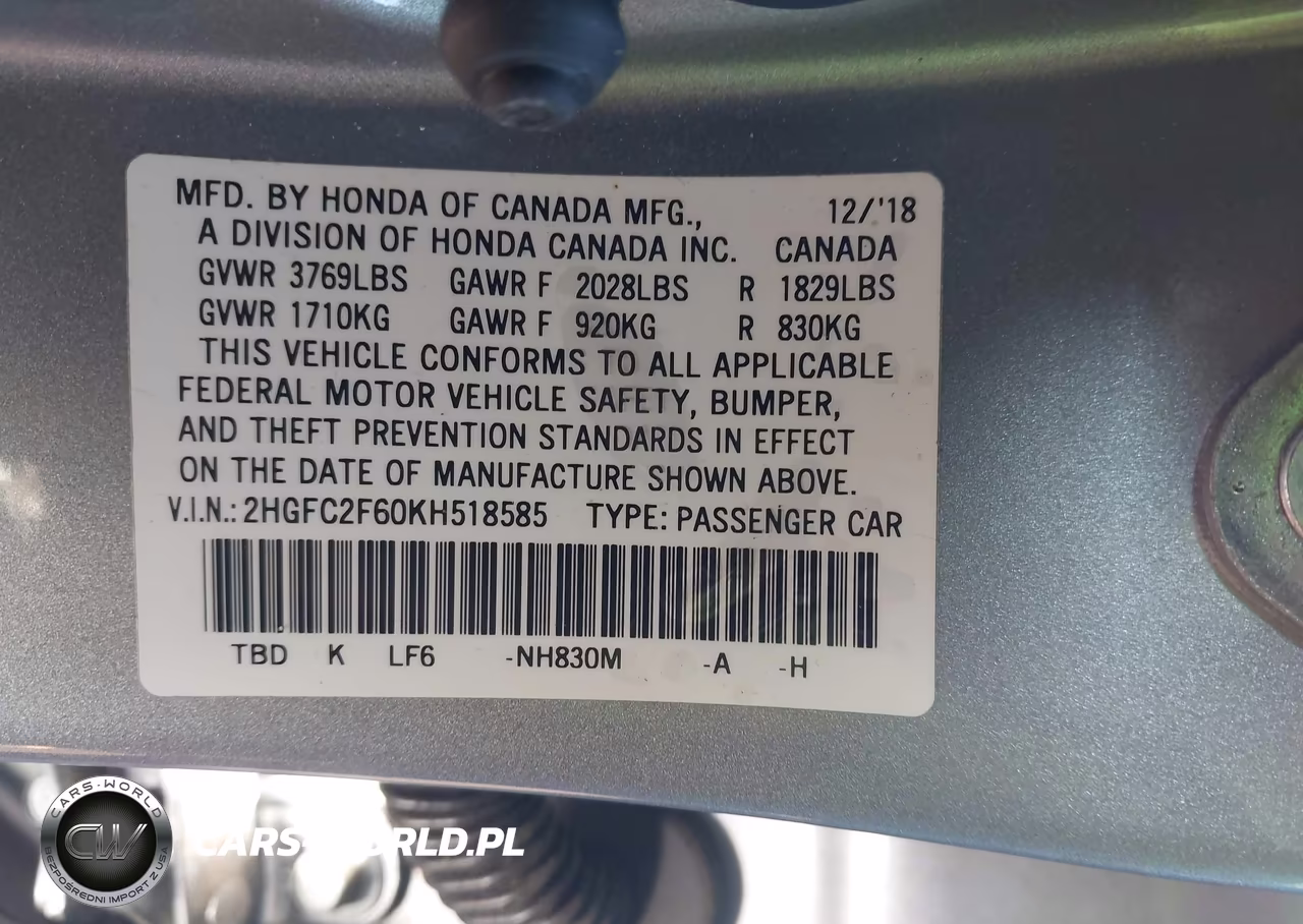 2019 Honda Civic Lx VIN:2HGFC2F60KH518585 - 9