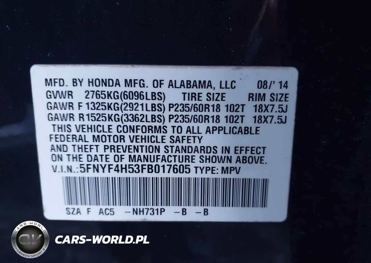 2015 Honda Pilot Ex-L VIN:5FNYF4H53FB017605 - 9