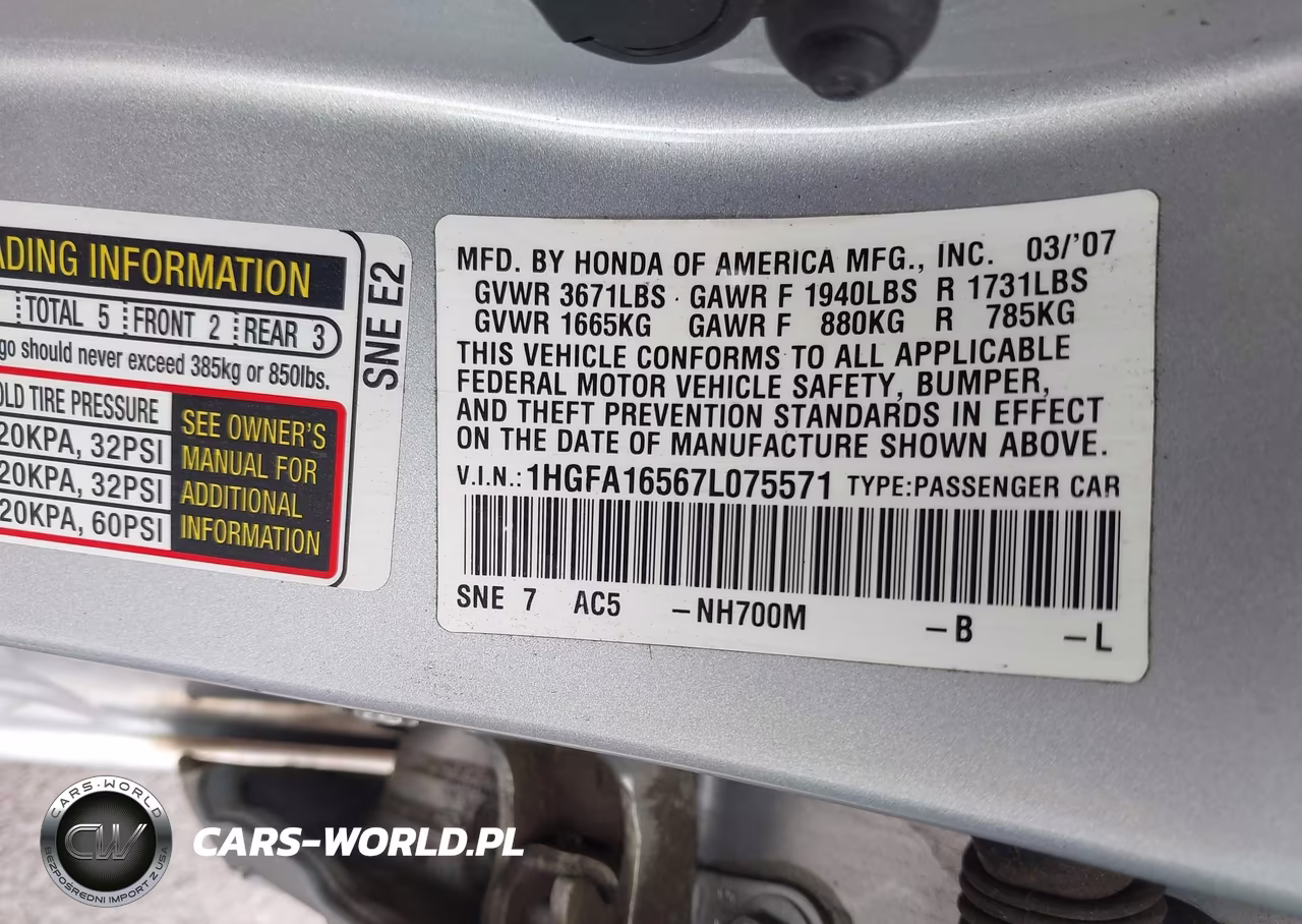 2007 Honda Civic Lx VIN:1HGFA16567L075571 - 9