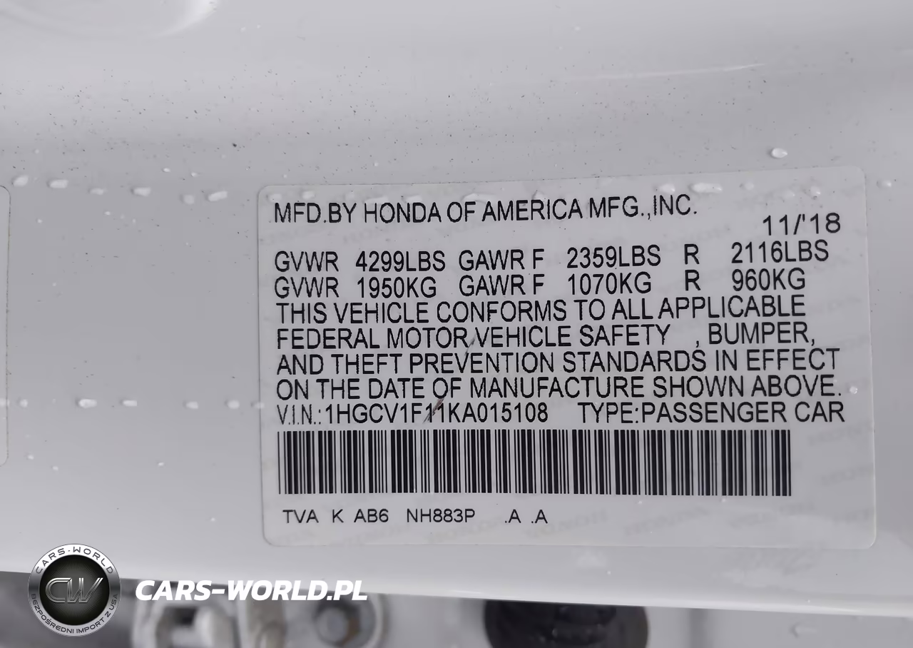 2019 Honda Accord Lx VIN:1HGCV1F11KA015108 - 9