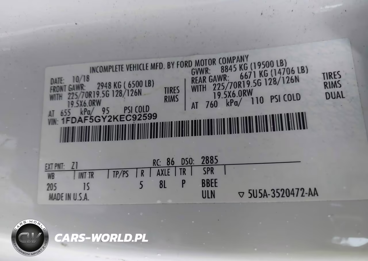 2019 Ford F-550 Chassis Xl VIN:1FDAF5GY2KEC92599 - 8