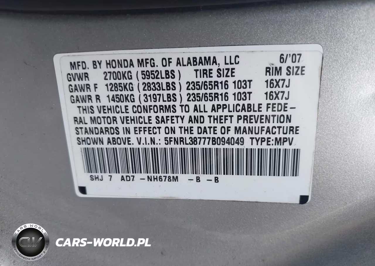 2007 Honda Odyssey Ex-L VIN:5FNRL38777B094049 - 9