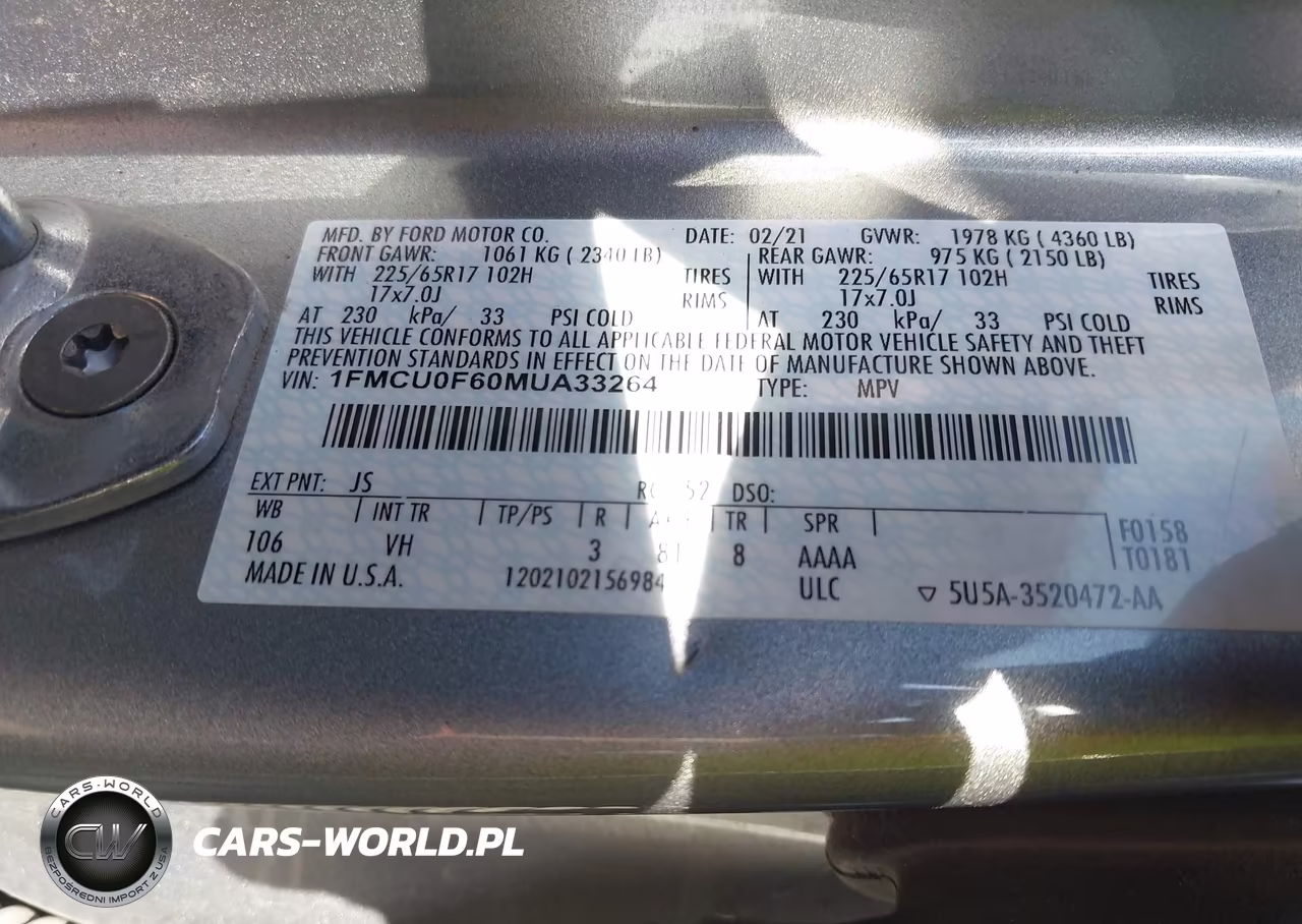 2021 Ford Escape S VIN:1FMCU0F60MUA33264 - 9