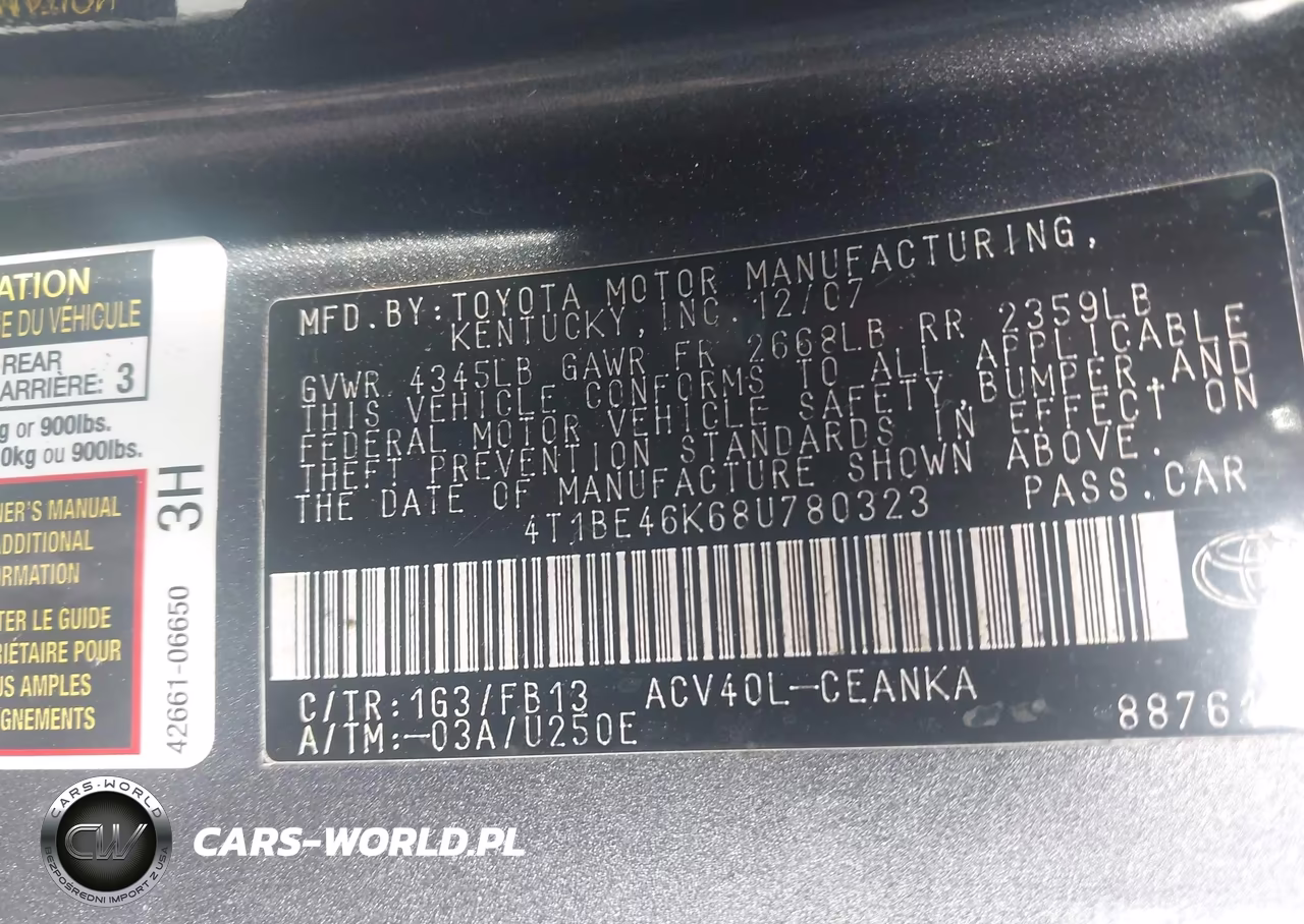 2008 Toyota Camry Le VIN:4T1BE46K68U780323 - 9