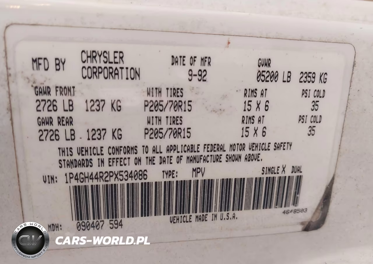 1993 Plymouth Grand Voyager Se VIN:1P4GH44R2PX534086 - 9