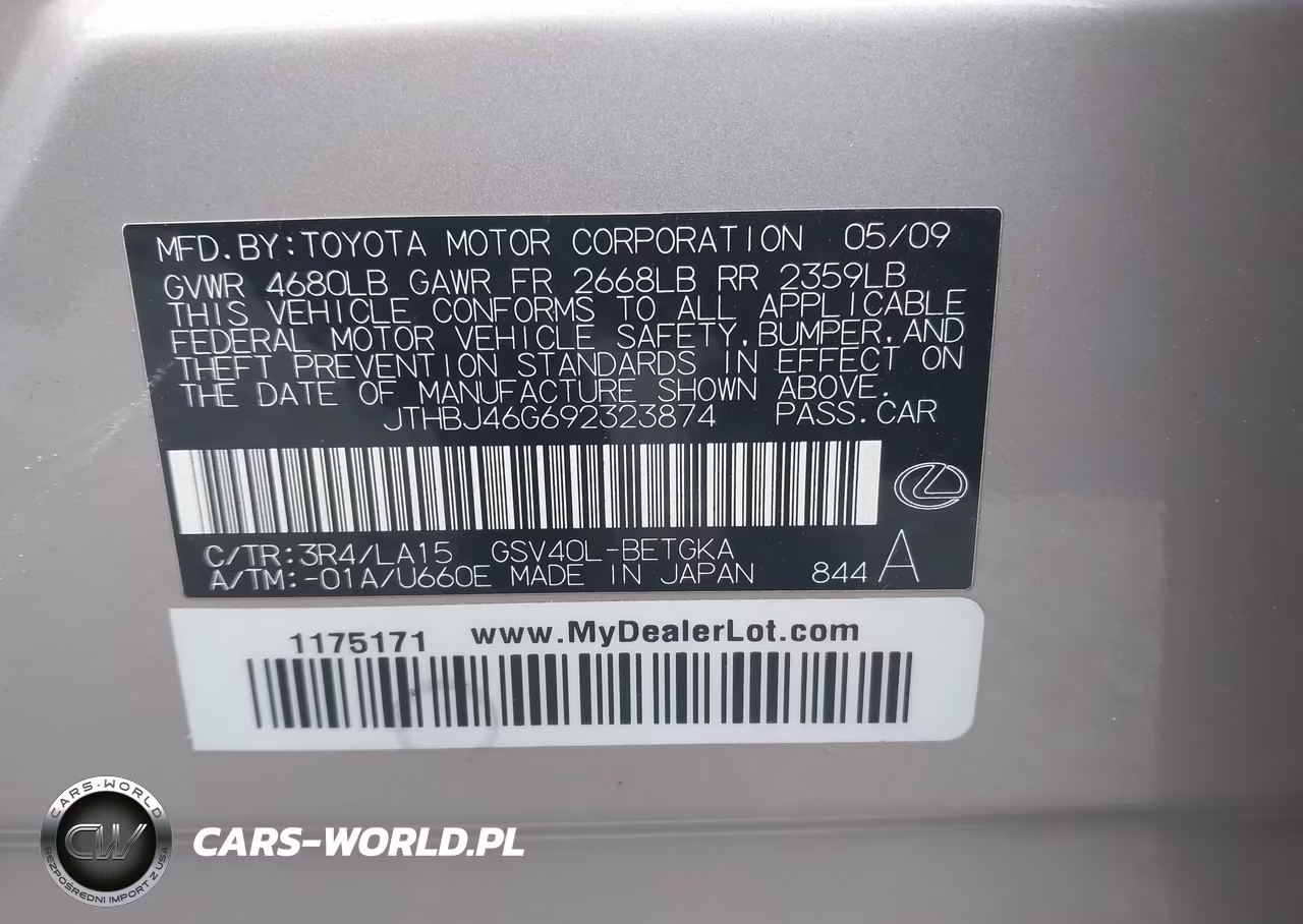 2009 Lexus Es 350 VIN:JTHBJ46G692323874 - 9