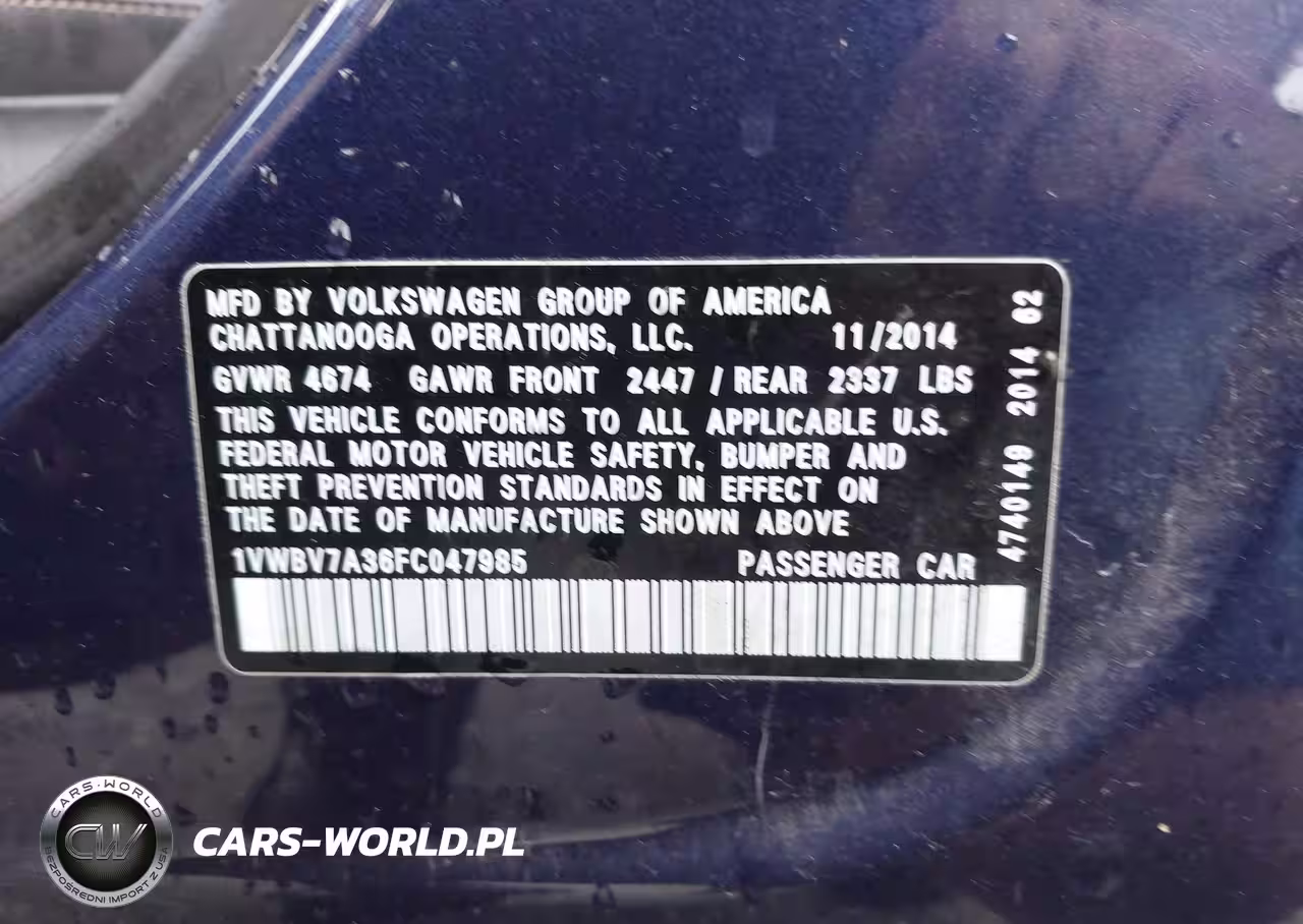 2015 Volkswagen Passat 2.0L Tdi Se VIN:1VWBV7A36FC047985 - 9