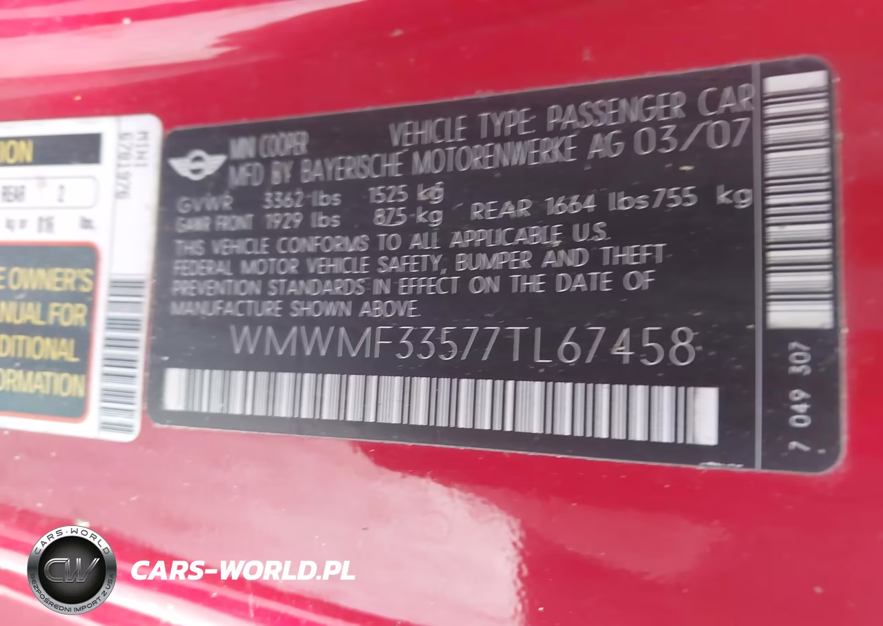 2007 Mini Cooper VIN:WMWMF33577TL67458 - 9