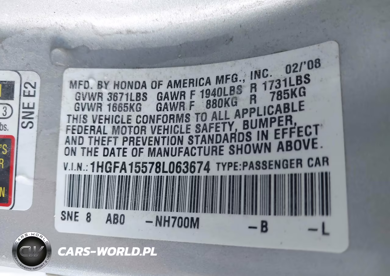 2008 Honda Civic Lx VIN:1HGFA15578L063674 - 9