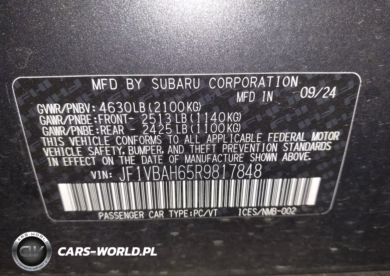 2024 Subaru Wrx Premium VIN:JF1VBAH65R9817848 - 9