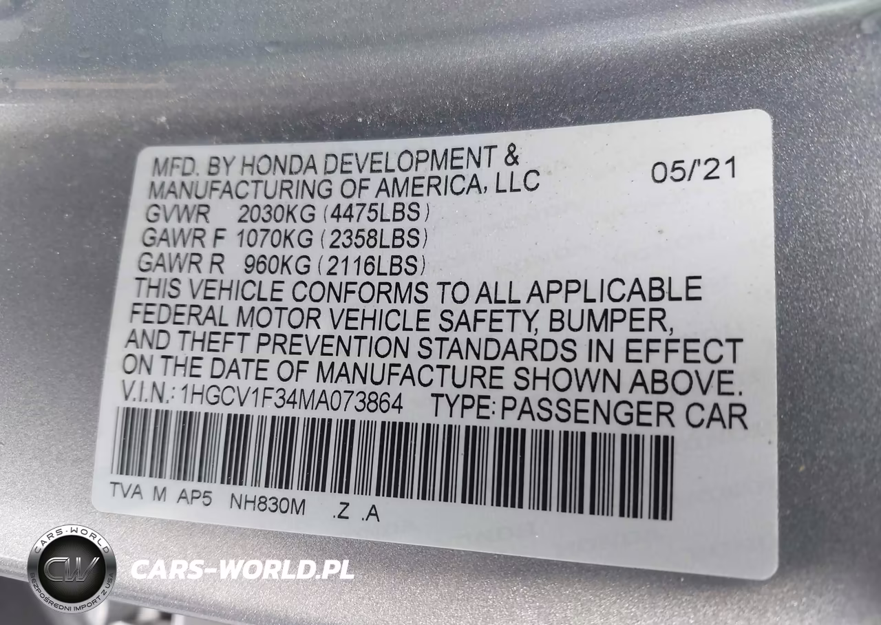 2021 Honda Accord Sport VIN:1HGCV1F34MA073864 - 9