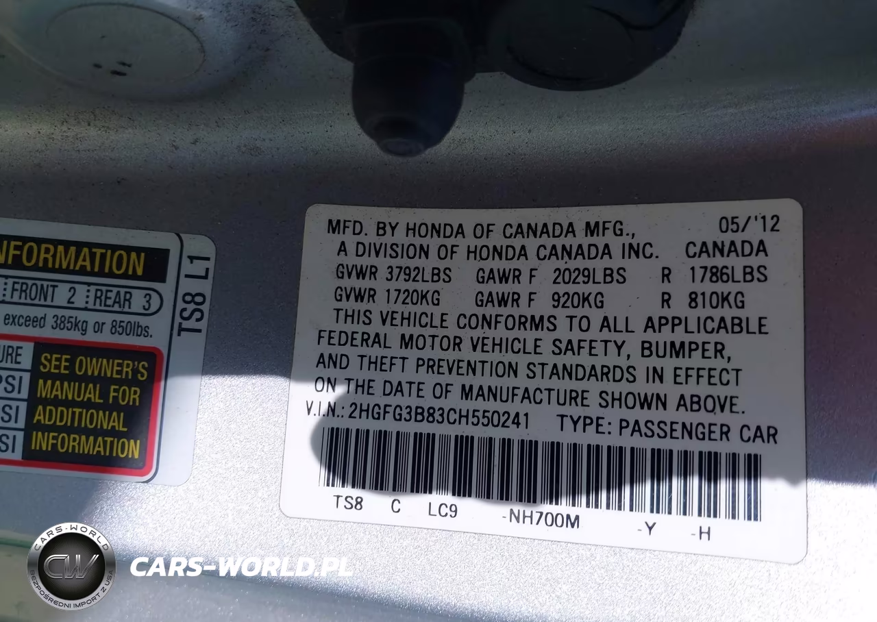 2012 Honda Civic Ex VIN:2HGFG3B83CH550241 - 9