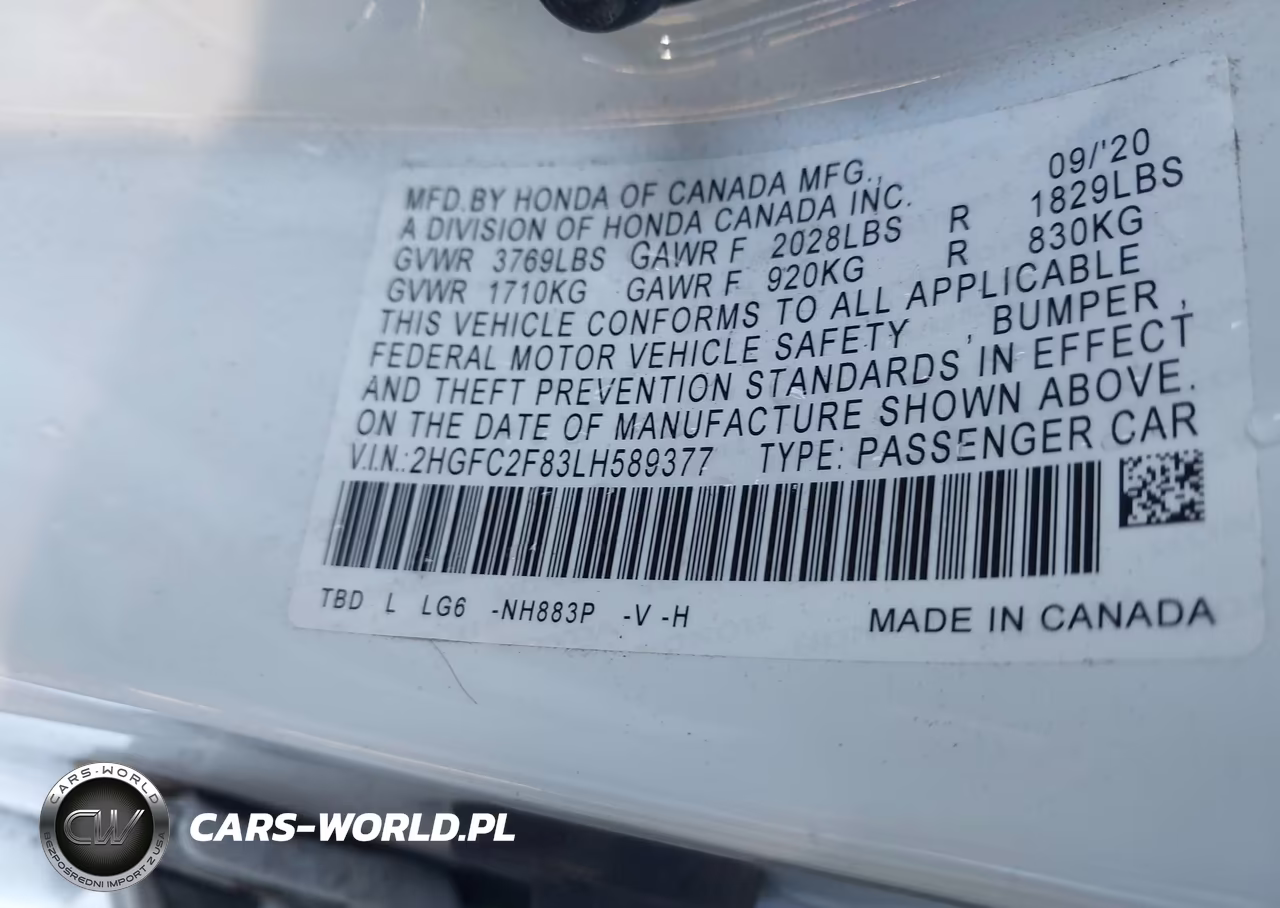 2020 Honda Civic Sport VIN:2HGFC2F83LH589377 - 9