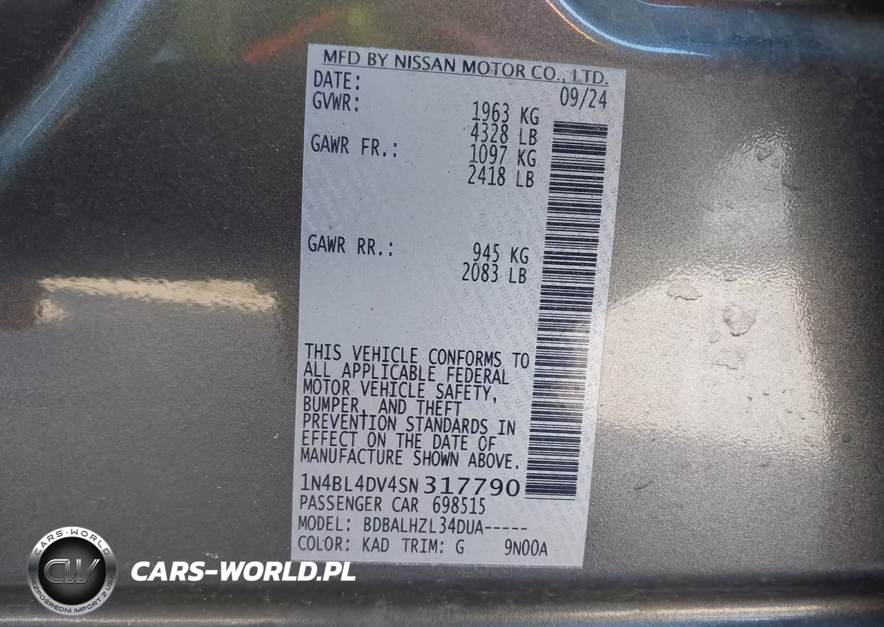 2025 Nissan Altima Sv Fwd VIN:1N4BL4DV4SN317790 - 9