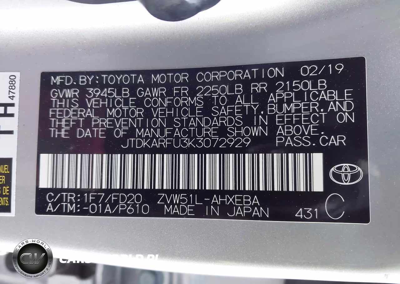 2019 Toyota Prius Le VIN:JTDKARFU3K3072929 - 9