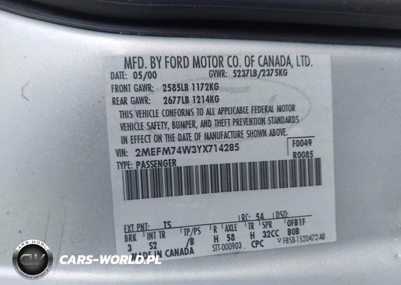 2000 Mercury Grand Marquis Gs VIN:2MEFM74W3YX714285 - 9