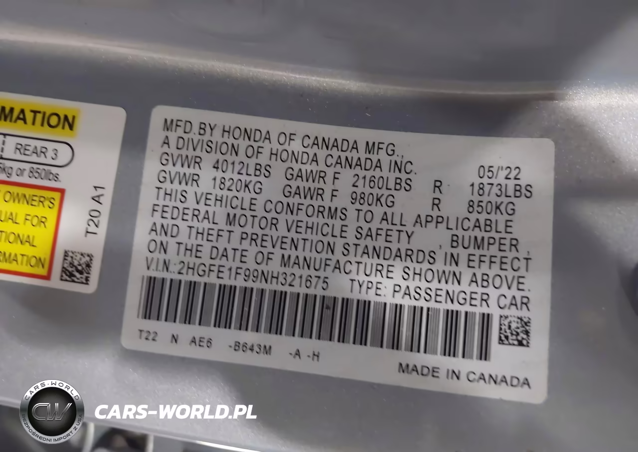 2022 Honda Civic Touring VIN:2HGFE1F99NH321675 - 9