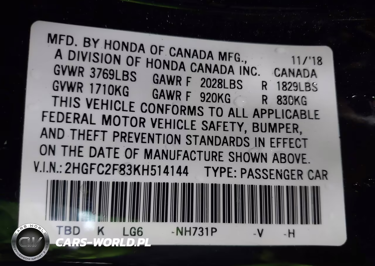 2019 Honda Civic Sport VIN:2HGFC2F83KH514144 - 9