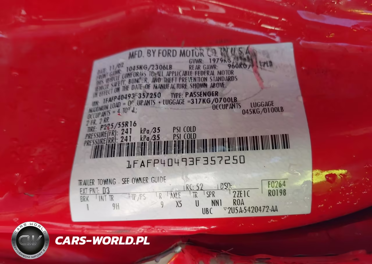 2003 Ford Mustang VIN:1FAFP40493F357250 - 9
