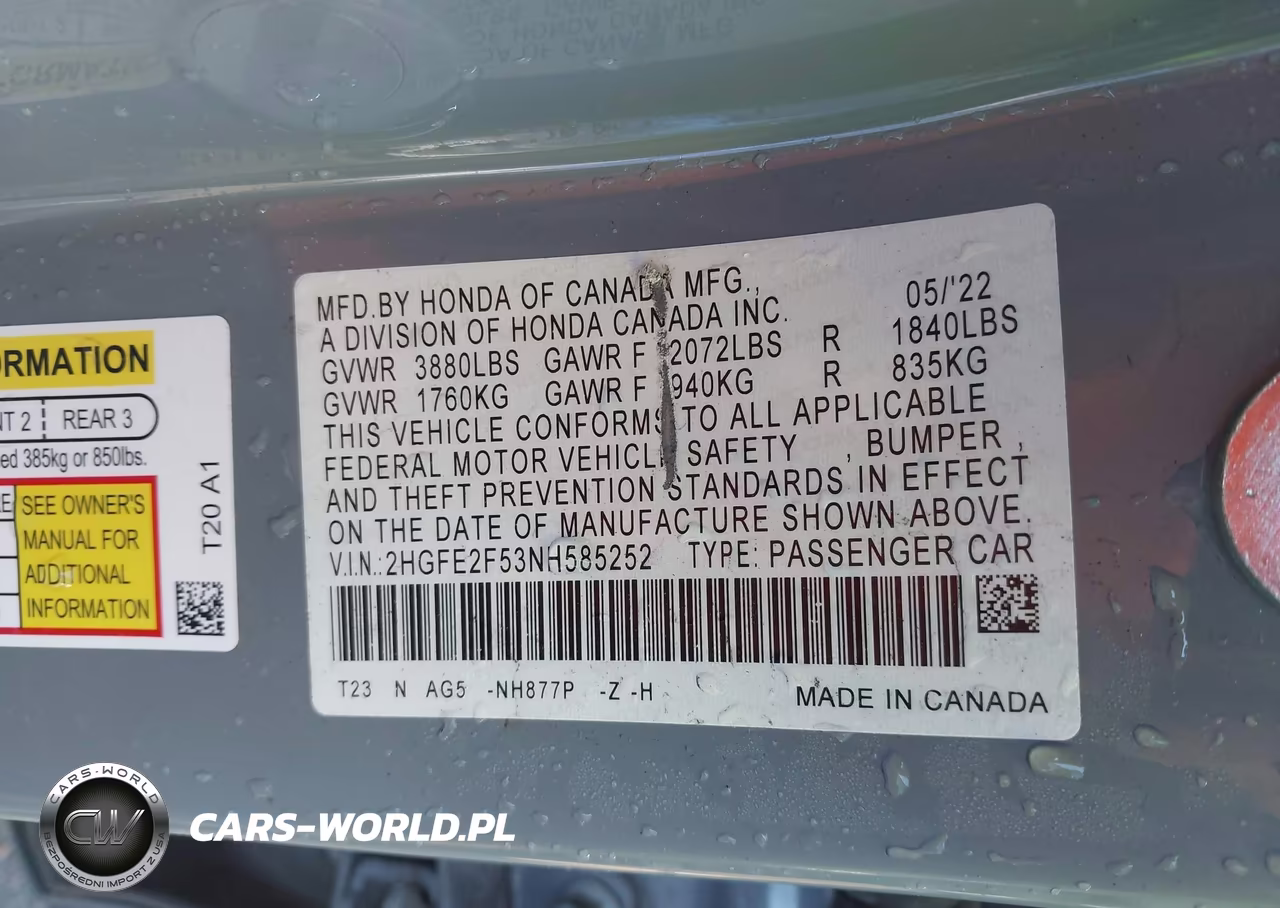 2022 Honda Civic Sport VIN:2HGFE2F53NH585252 - 9