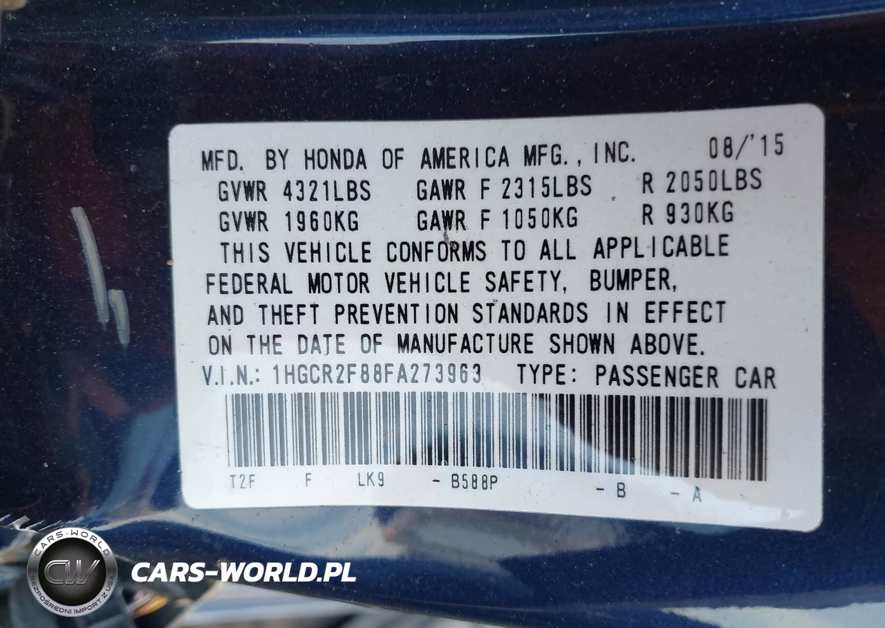 2015 Honda Accord Ex-L VIN:1HGCR2F88FA273963 - 9