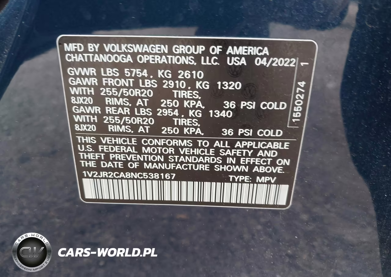2022 Volkswagen Atlas 3.6L V6 Se W-Technology VIN:1V2JR2CA8NC538167 - 9