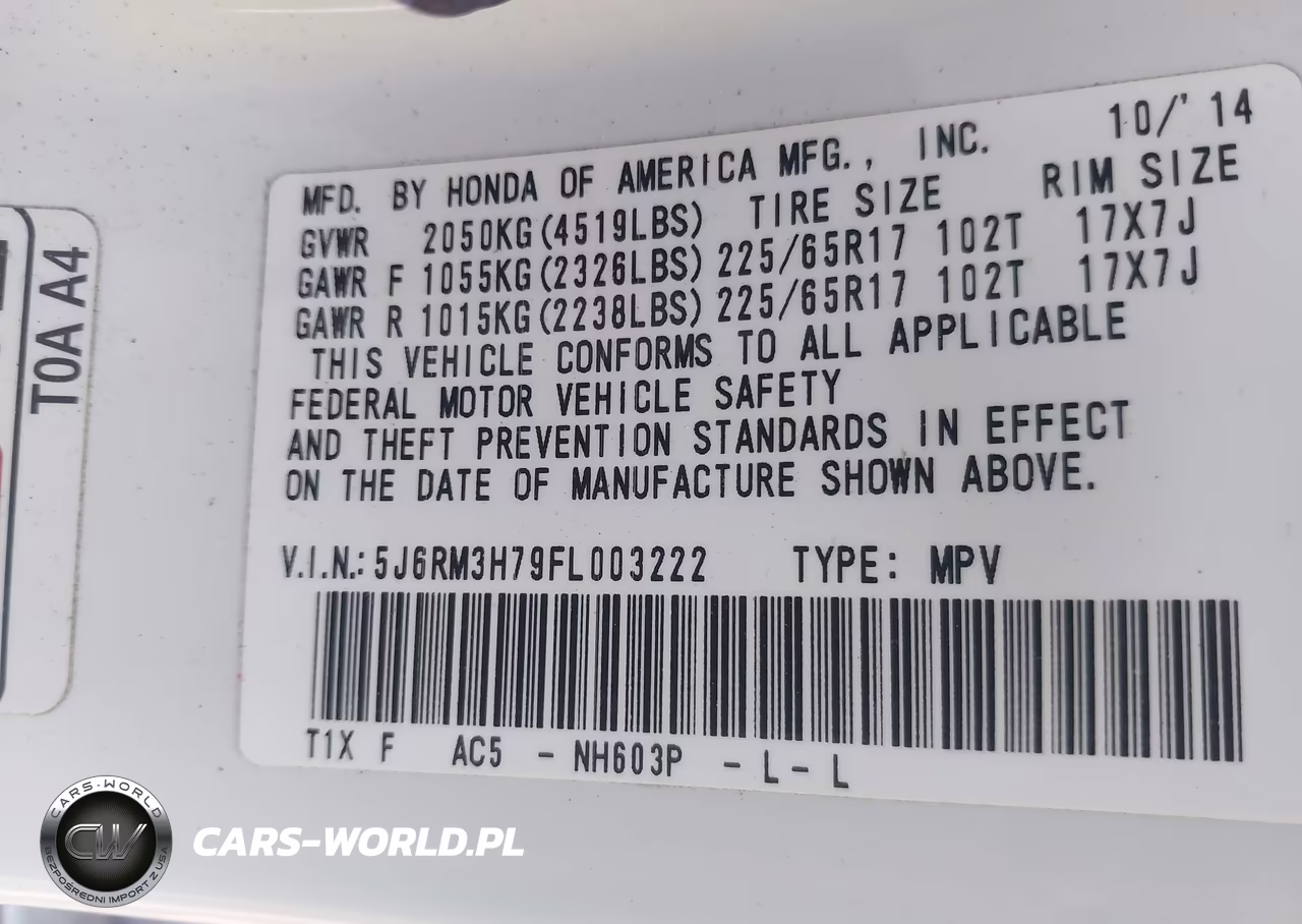 2015 Honda Cr-V Ex-L VIN:5J6RM3H79FL003222 - 9