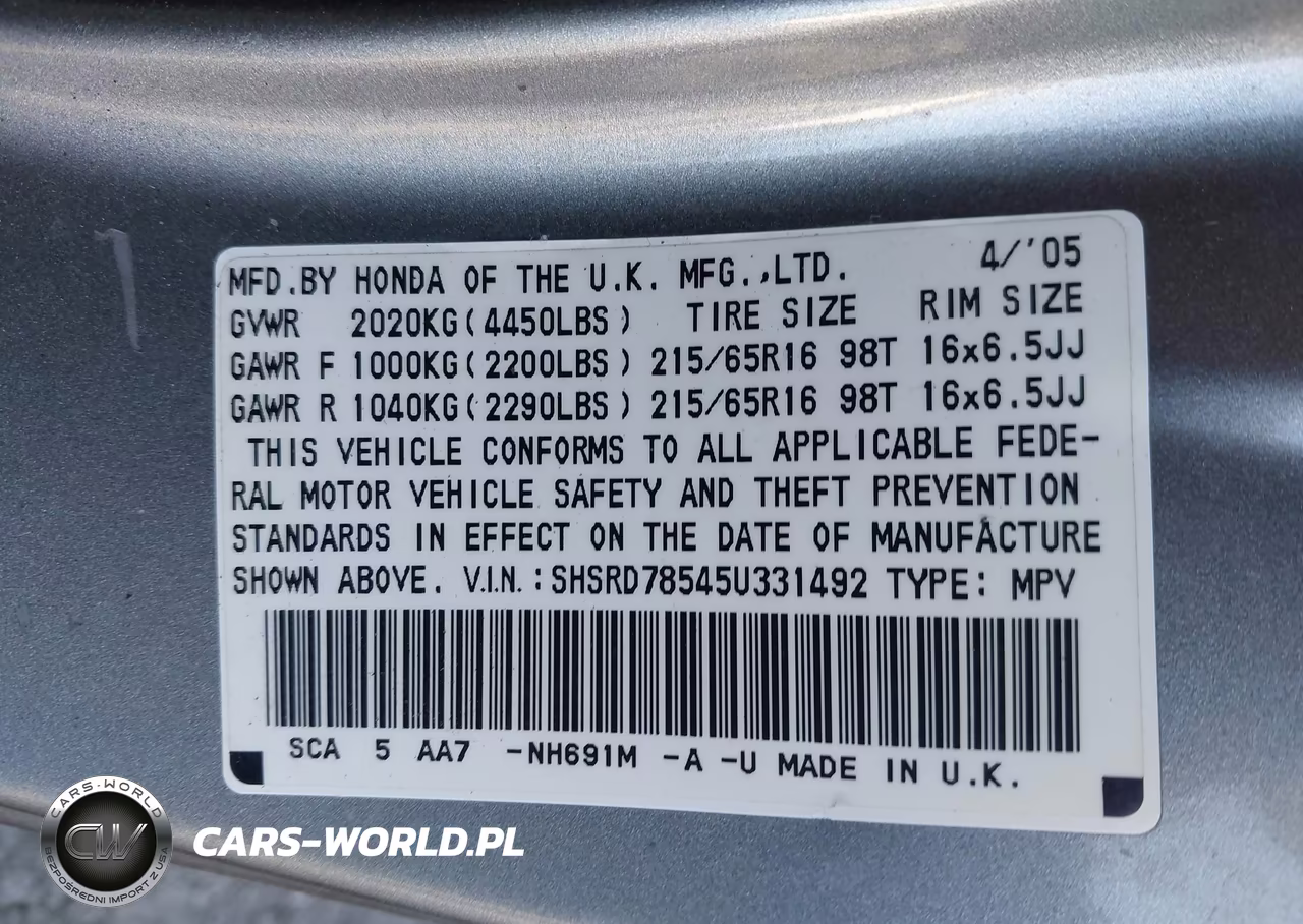 2005 Honda Cr-V Lx VIN:SHSRD78545U331492 - 9