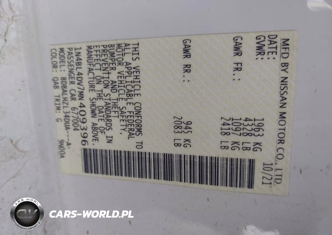 2021 Nissan Altima Sv Fwd VIN:1N4BL4DV7MN409396 - 9