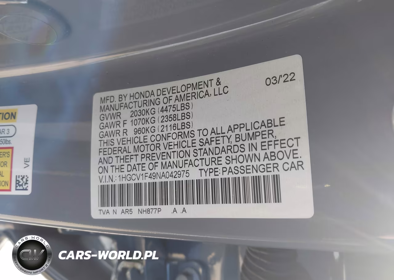 2022 Honda Accord Sport Se VIN:1HGCV1F49NA042975 - 9