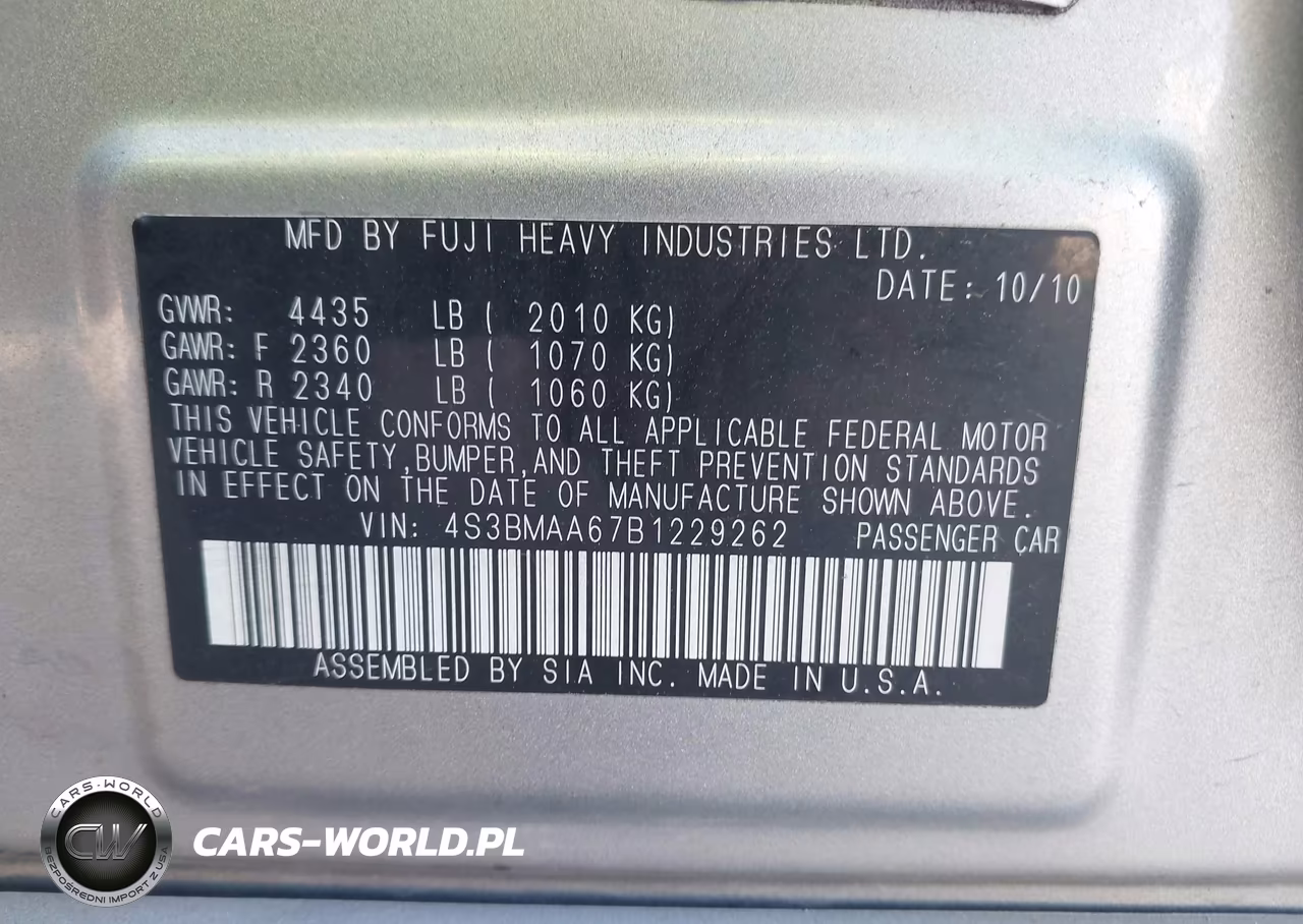 2011 Subaru Legacy 2.5I VIN:4S3BMAA67B1229262 - 9