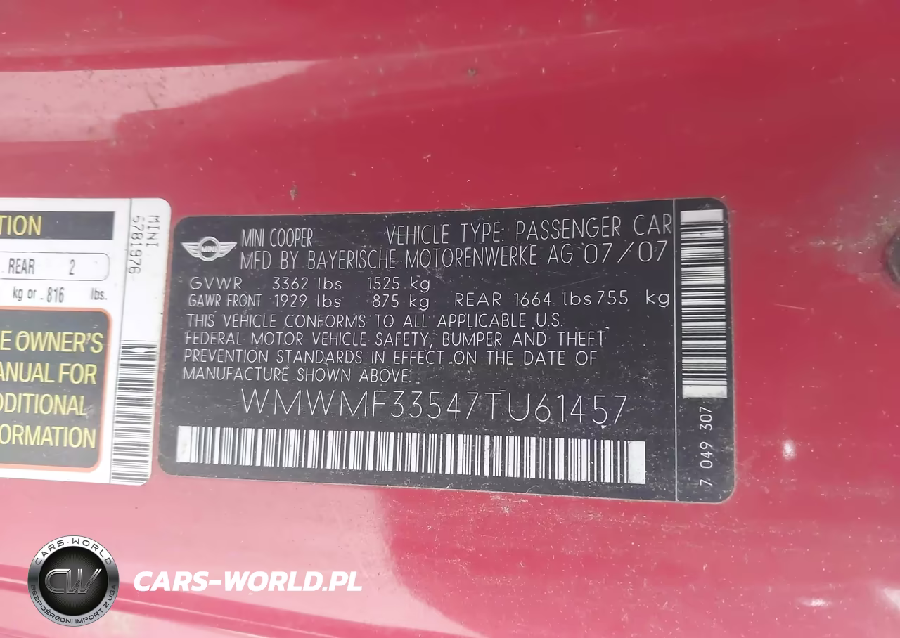2007 Mini Cooper VIN:WMWMF33547TU61457 - 9