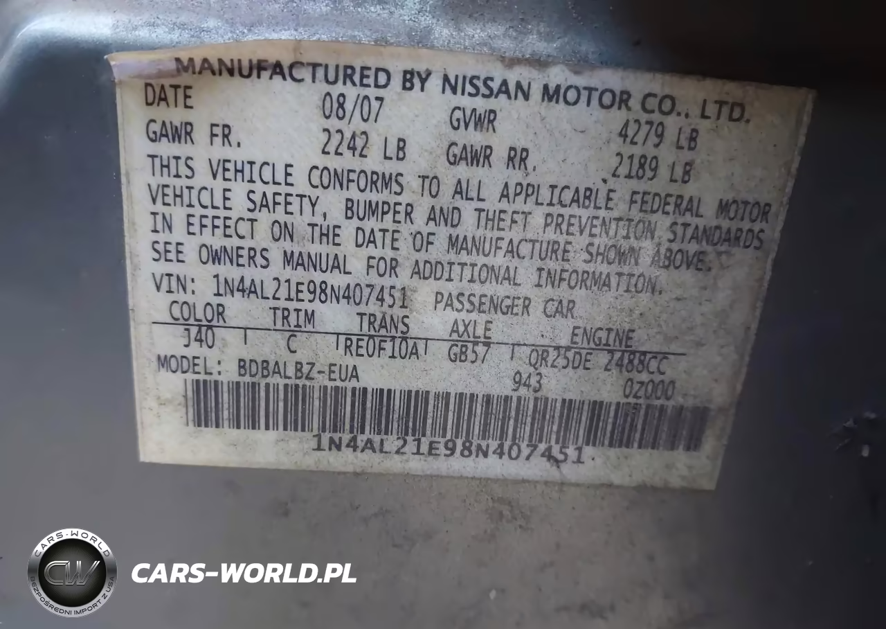 2008 Nissan Altima 2.5 S VIN:1N4AL21E98N407451 - 9